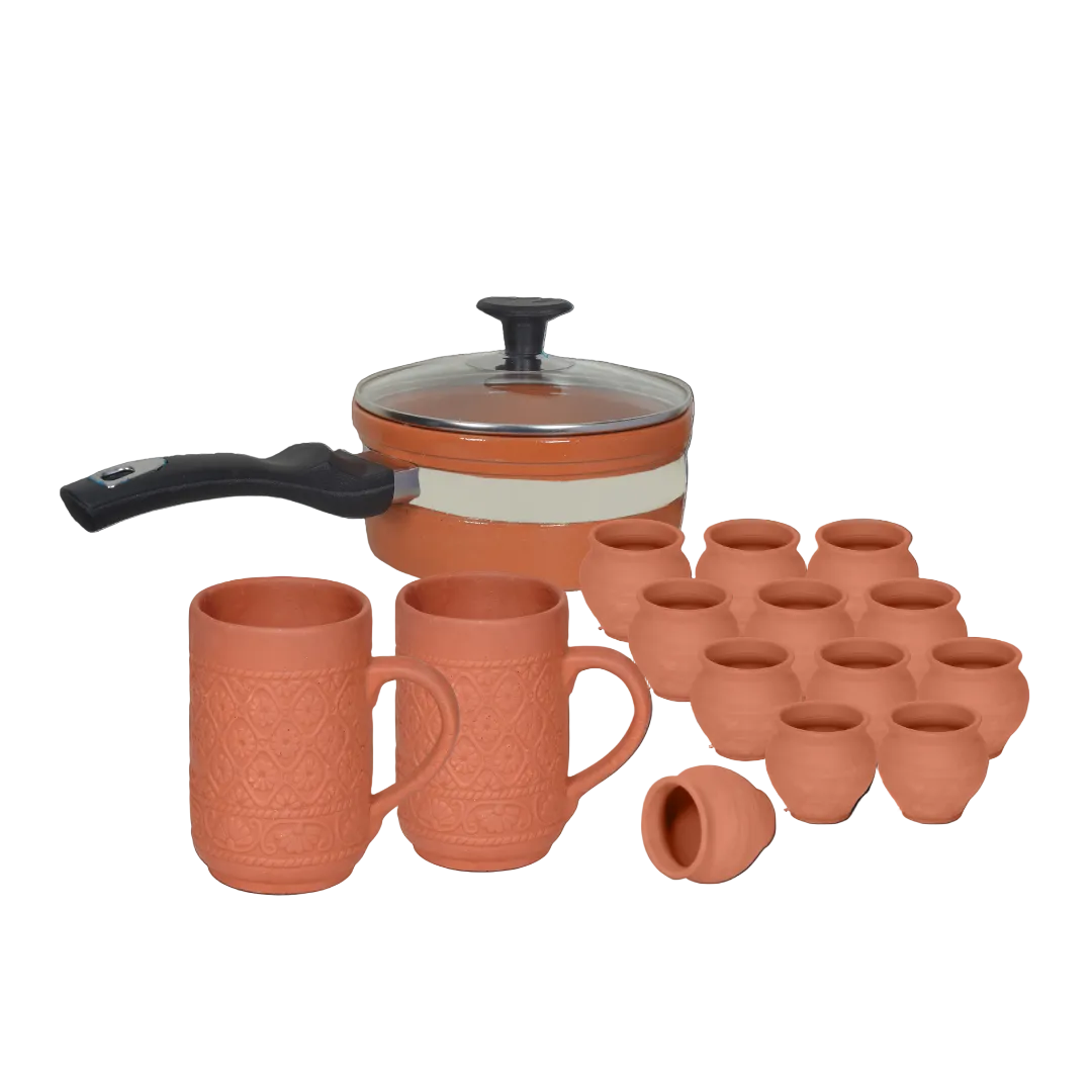 DYZ Clay Set 7 - Tea making glazed saucepan with mugs and tandoori cups
