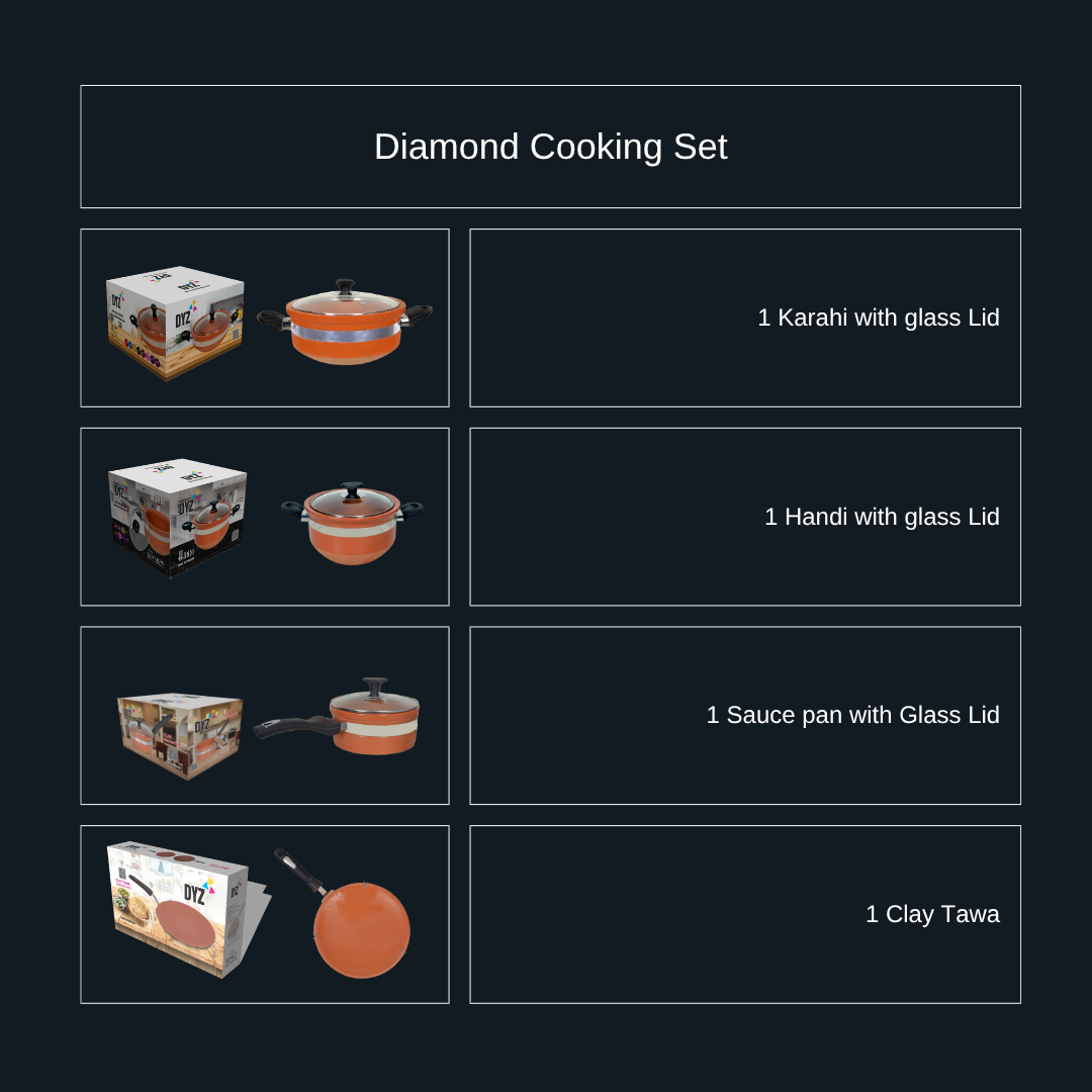 DYZ Diamond Clay Cooking Set 4-Piece Bundle with Handi Karahi Tawa and Saucepan