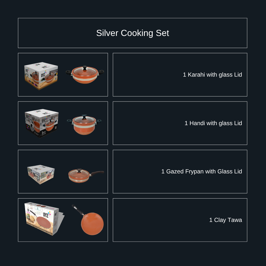 Silver Clay Cookware Set (Pack of 4) | Glazed Handi & Karahi Bundle