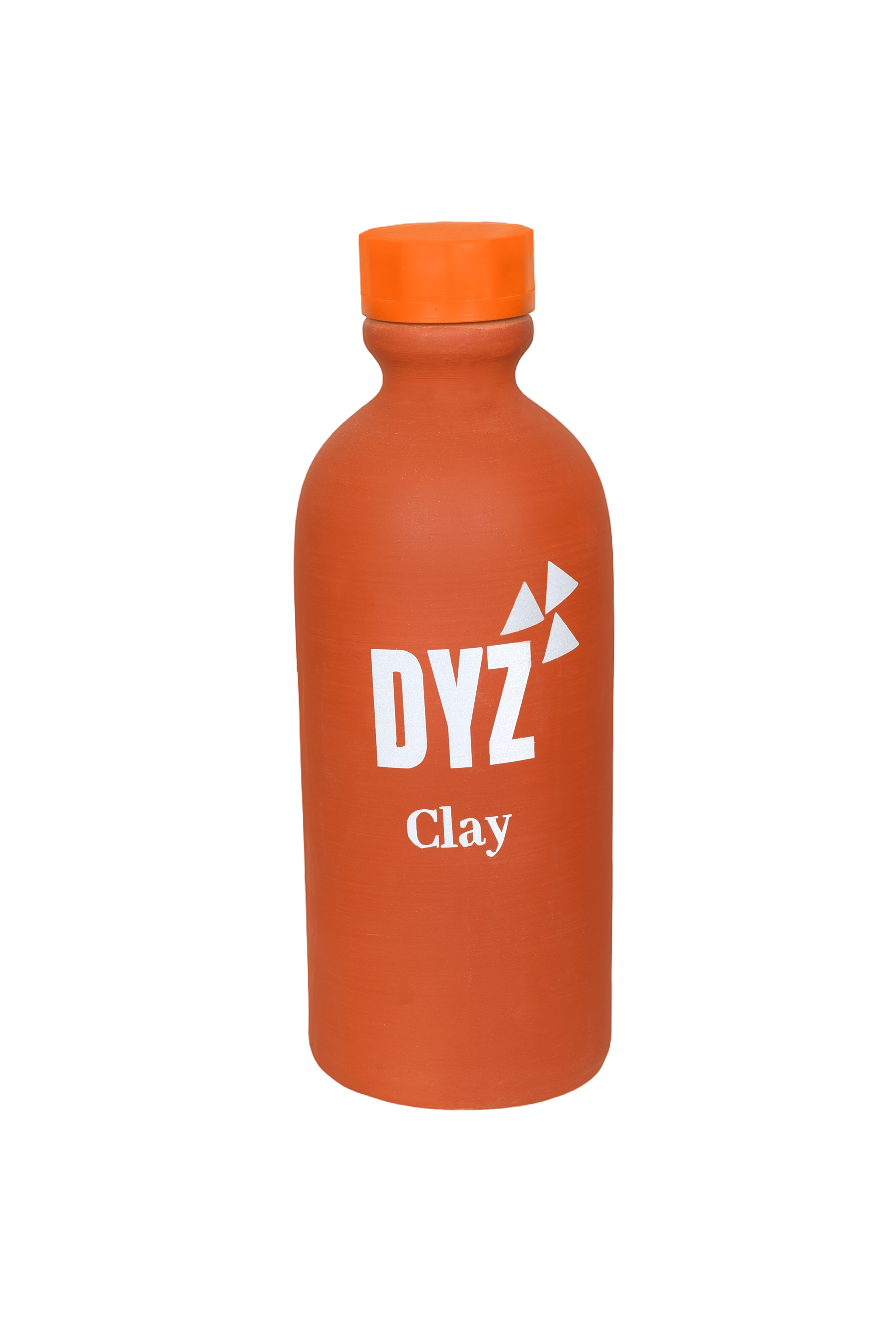 "An orange clay water bottle with a brown cap, featuring the white text 'DYZ Clay' on the front, isolated on a white background."