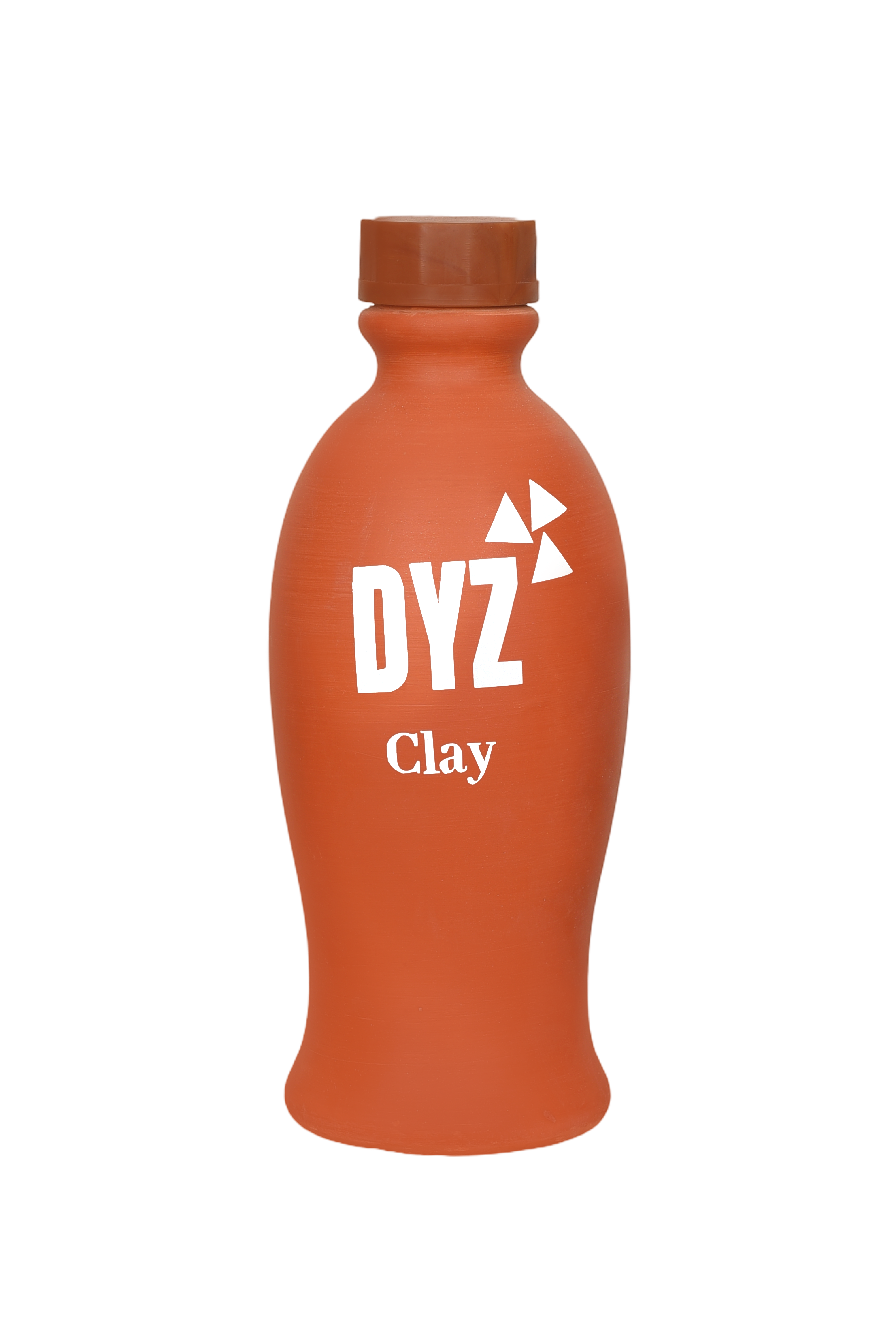"An orange clay water bottle with a brown cap, featuring the white text 'DYZ Clay' on the front, isolated on a white background."