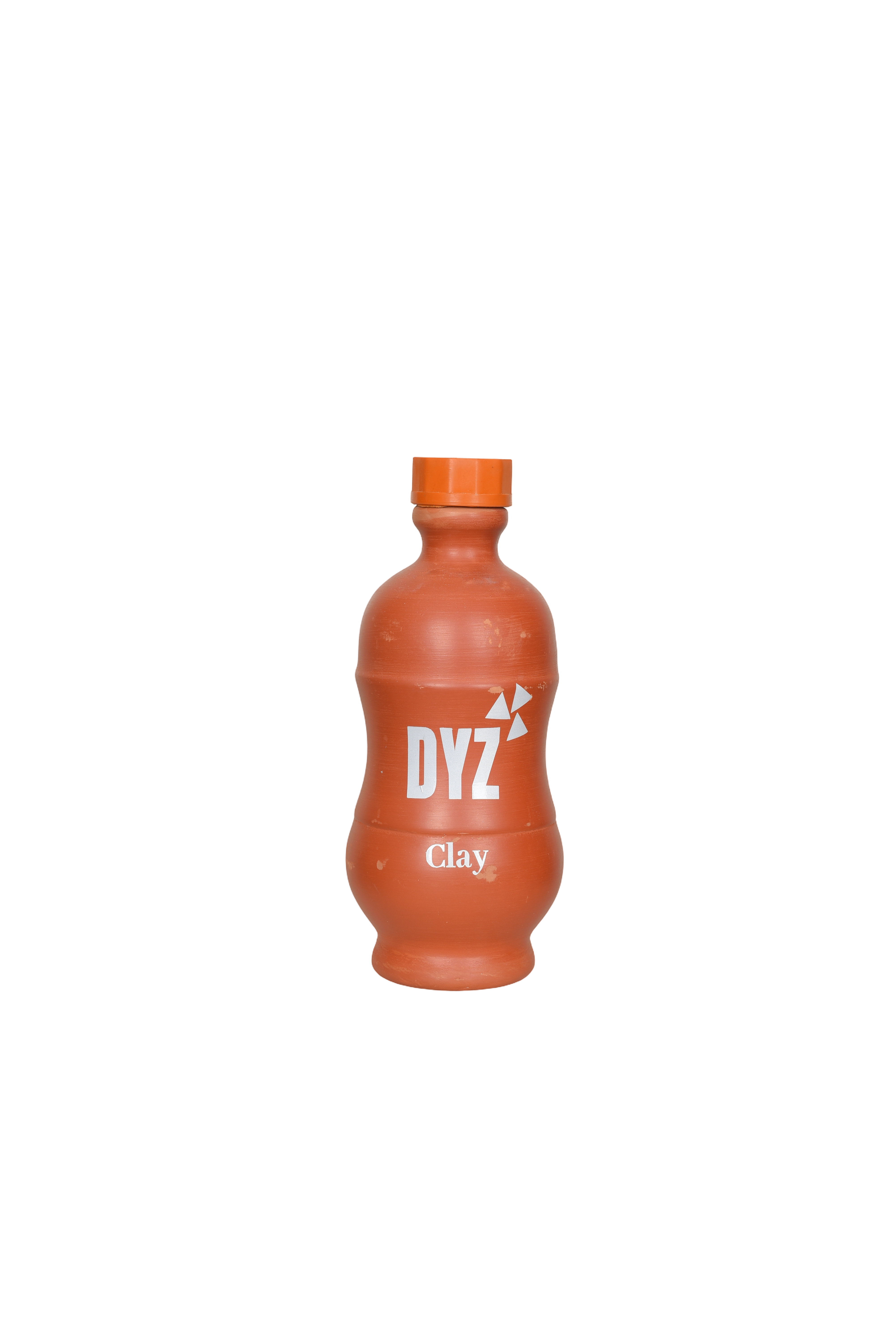 "An orange clay water bottle with a brown cap, featuring the white text 'DYZ Clay' on the front, isolated on a white background."