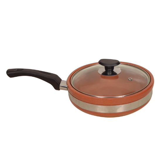 Premium Glazed Clay Fry Pan with Glass Lid - 100% Organic