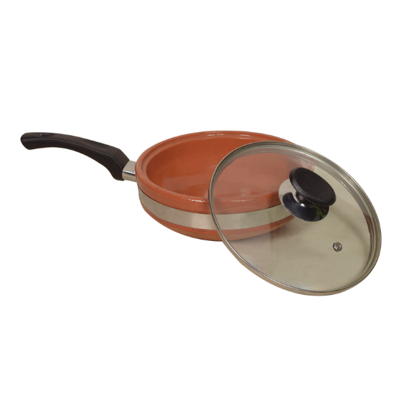 Premium Glazed Clay Fry Pan with Glass Lid - 100% Organic