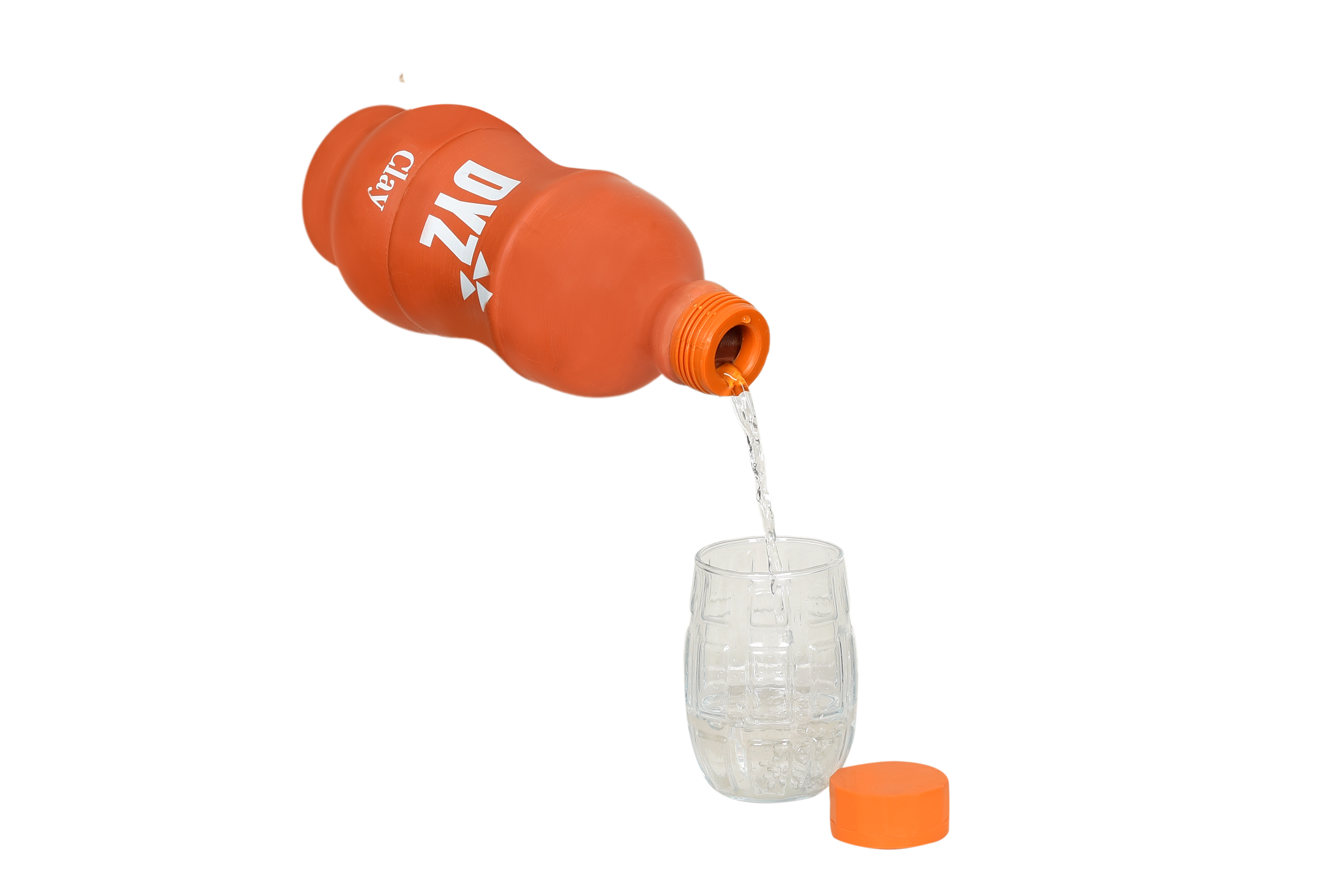 "An orange clay water bottle with a brown cap, featuring the white text 'DYZ Clay' on the front, isolated on a white background."